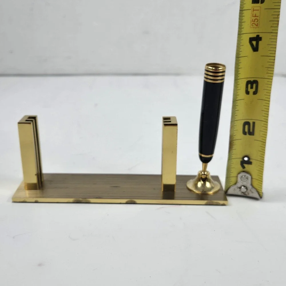 Vintage Office Desk Polished Solid Brass Mounted Pen and Business Card Holder